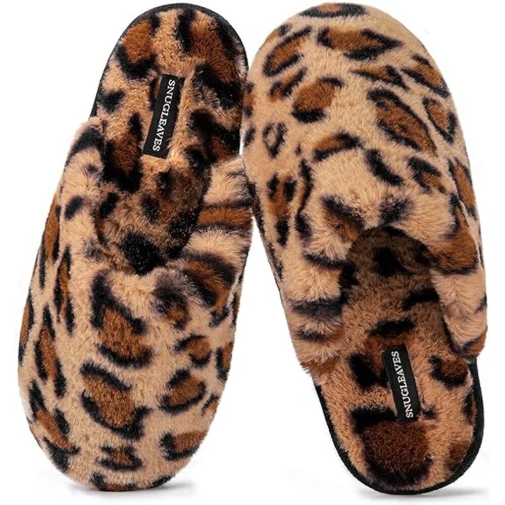 Snug Leaves Womens Size 9-10 Cheetah Print Slippers Fuzzy Slip On House Shoes